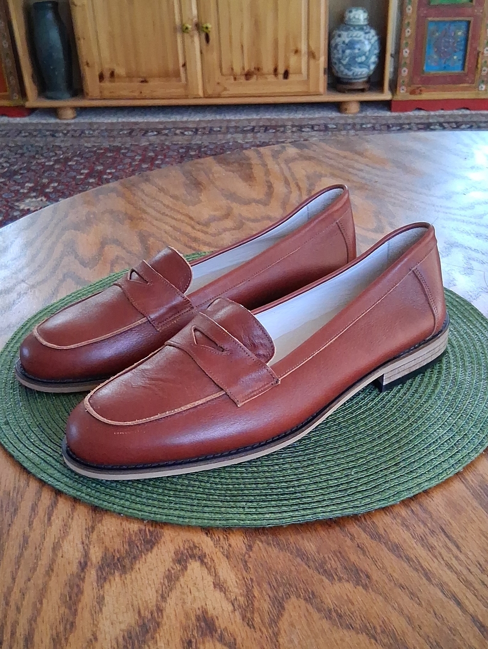 Aintap Brown Leather Handmade Classic Luxury Preppy Penny Loafers Size 41